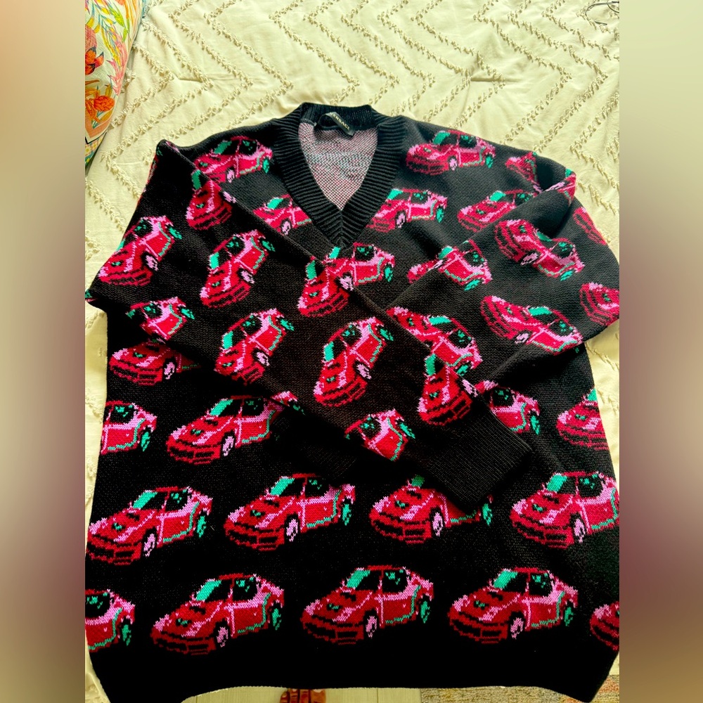 Versace Men's V-Neck Knit Sweater with Car Print